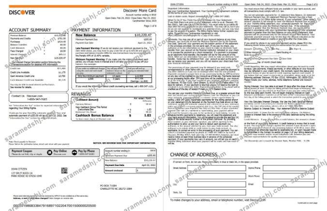 USA Discover credit card statement, Word and PDF template, 6 pages